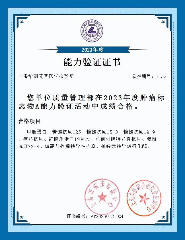 華測艾普2023年度腫瘤標志物A能力驗證