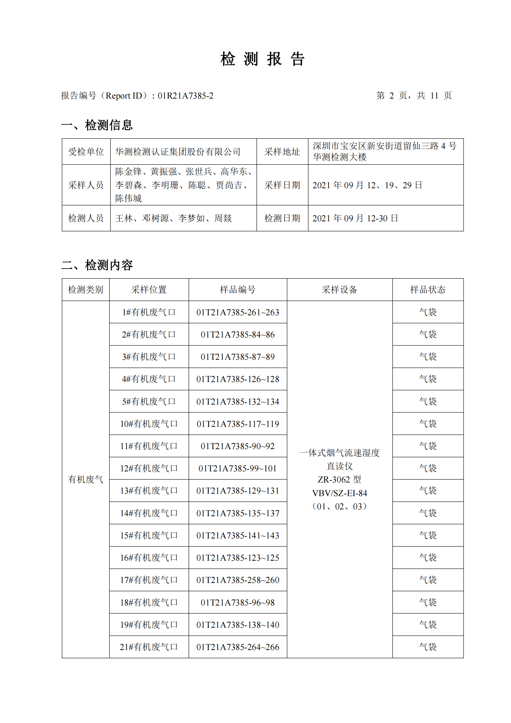 華測檢測認(rèn)證集團股份有限公司有機廢氣、無機廢氣檢測報告